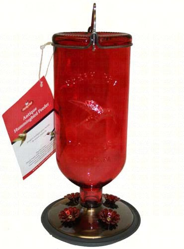 16 oz Elegant Antique Glass Bottle Hummingbird Feeder Red